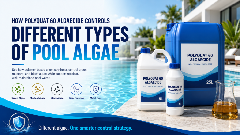 Polyquat 60 Algaecide controlling green, mustard, and black pool algae, featuring non-foaming, metal-free formulas in 1L, 5L, and 25L packaging.