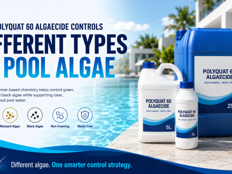 Polyquat 60 Algaecide controlling green, mustard, and black pool algae, featuring non-foaming, metal-free formulas in 1L, 5L, and 25L packaging.