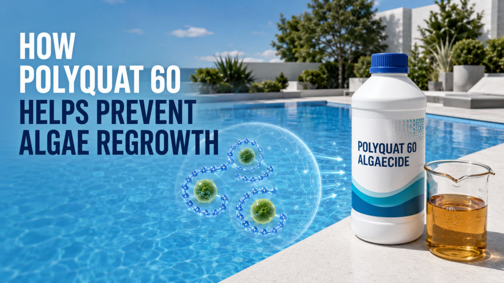 Polyquat 60 Algaecide with amber transparent liquid beside a clear blue swimming pool, illustrating cationic polymer chains surrounding algae cells to help prevent algae regrowth