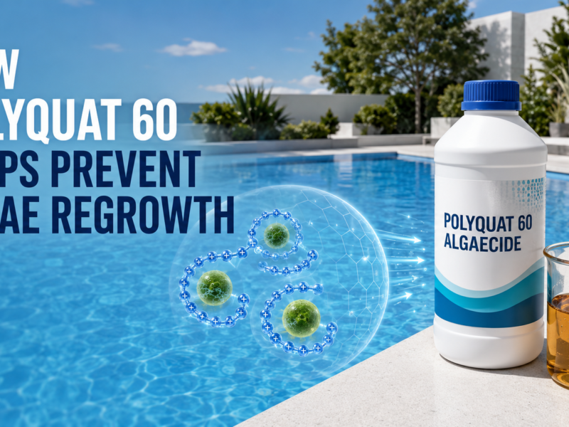 Polyquat 60 Algaecide with amber transparent liquid beside a clear blue swimming pool, illustrating cationic polymer chains surrounding algae cells to help prevent algae regrowth