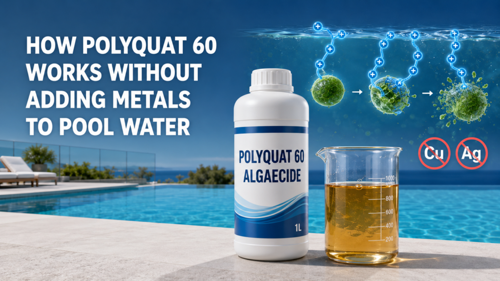 Polyquat 60 Algaecide controls pool algae through positively charged polymer chains without adding copper or silver to swimming pool water.