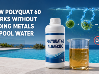 Polyquat 60 Algaecide controls pool algae through positively charged polymer chains without adding copper or silver to swimming pool water.
