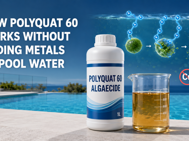 Polyquat 60 Algaecide controls pool algae through positively charged polymer chains without adding copper or silver to swimming pool water.