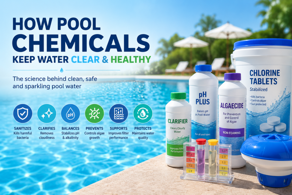 How pool chemicals keep water clear and healthy, showing a crystal-clear swimming pool with pool chemical containers, chlorine tablets, a water test kit, and icons for sanitizers, algaecides, clarifiers, and pH balance.