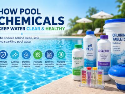 How pool chemicals keep water clear and healthy, showing a crystal-clear swimming pool with pool chemical containers, chlorine tablets, a water test kit, and icons for sanitizers, algaecides, clarifiers, and pH balance.