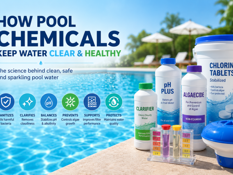 How pool chemicals keep water clear and healthy, showing a crystal-clear swimming pool with pool chemical containers, chlorine tablets, a water test kit, and icons for sanitizers, algaecides, clarifiers, and pH balance.