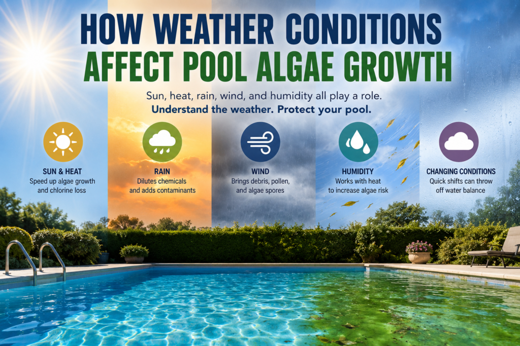 How weather conditions affect pool algae growth, showing the effects of sun, heat, rain, wind, and humidity on swimming pool water.