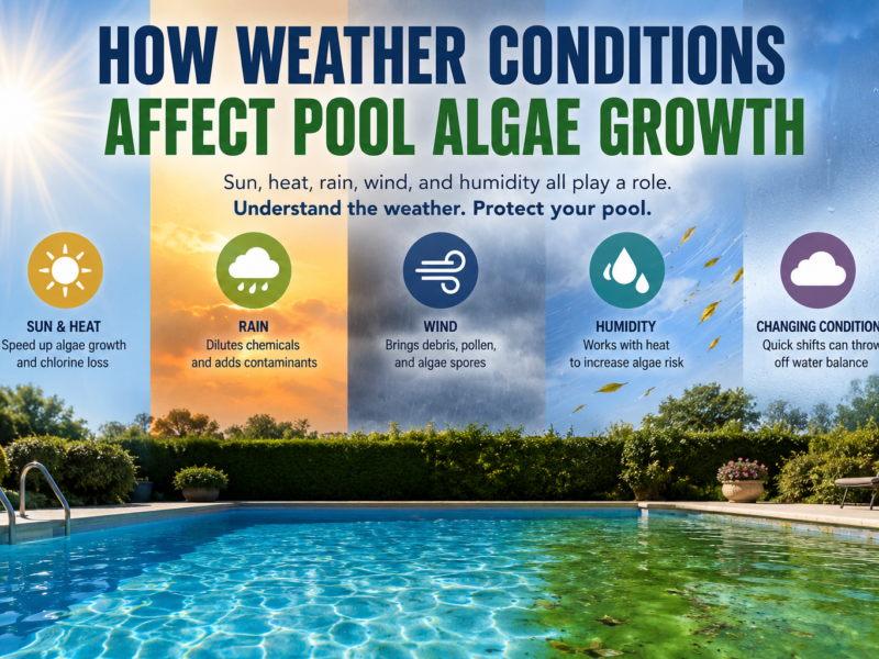 How weather conditions affect pool algae growth, showing the effects of sun, heat, rain, wind, and humidity on swimming pool water.