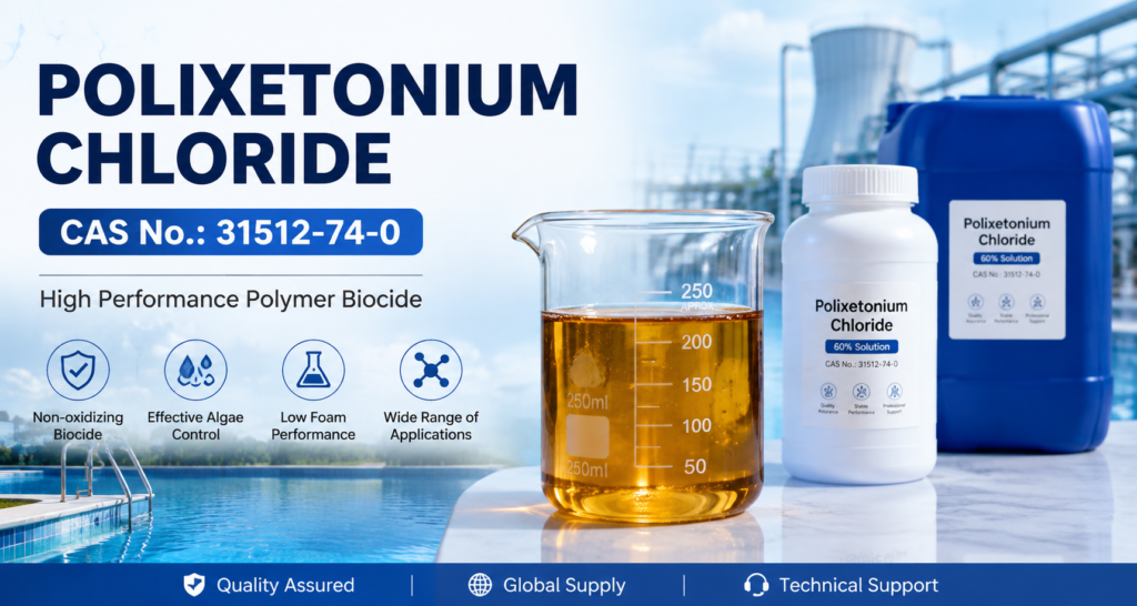 Polixetonium Chloride CAS No. 31512-74-0 shown as a clear amber viscous liquid in a laboratory beaker with 60% solution packaging, highlighting its use as a non-oxidizing polymer biocide for algae control and water treatment applications.