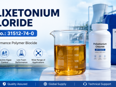 Polixetonium Chloride CAS No. 31512-74-0 shown as a clear amber viscous liquid in a laboratory beaker with 60% solution packaging, highlighting its use as a non-oxidizing polymer biocide for algae control and water treatment applications.