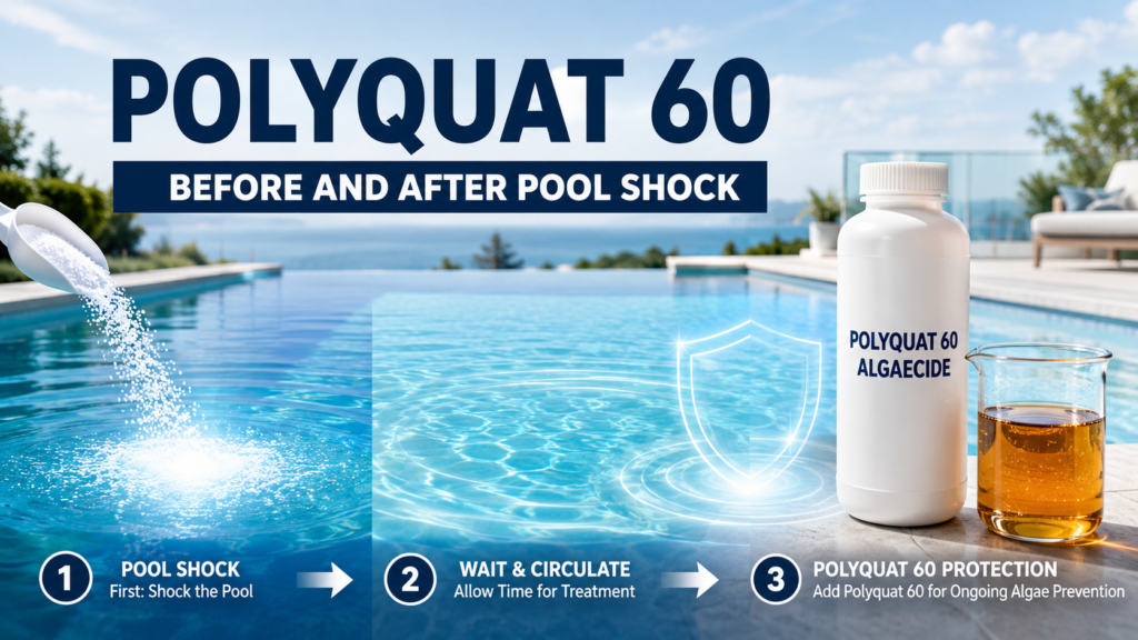 Polyquat 60 before and after pool shock treatment, showing pool shock first, water circulation, and amber Polyquat 60 algaecide for ongoing algae prevention.