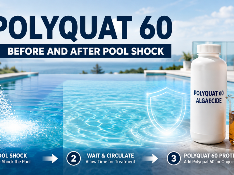 Polyquat 60 before and after pool shock treatment, showing pool shock first, water circulation, and amber Polyquat 60 algaecide for ongoing algae prevention.