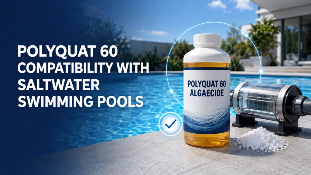 Polyquat 60 Algaecide shown with a salt chlorine generator and pool salt beside a clear saltwater swimming pool, illustrating product compatibility.