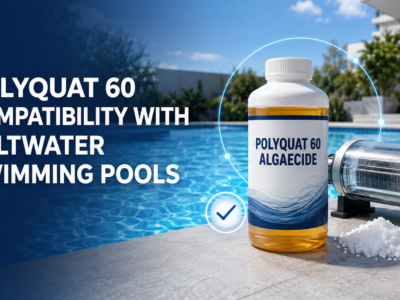 Polyquat 60 Algaecide shown with a salt chlorine generator and pool salt beside a clear saltwater swimming pool, illustrating product compatibility.