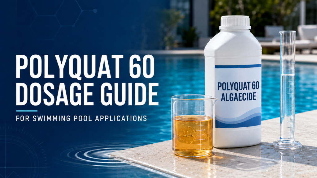 Polyquat 60 dosage guide hero banner featuring a labeled algaecide bottle, measuring cylinder, and beaker of transparent amber liquid beside a clear blue swimming pool.