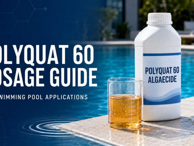 Polyquat 60 dosage guide hero banner featuring a labeled algaecide bottle, measuring cylinder, and beaker of transparent amber liquid beside a clear blue swimming pool.