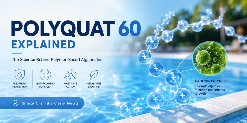 Polyquat 60 polymer-based algaecide science showing a cationic polymer interacting with algae cells in a swimming pool, highlighting non-foaming, metal-free, multi-site algae control.