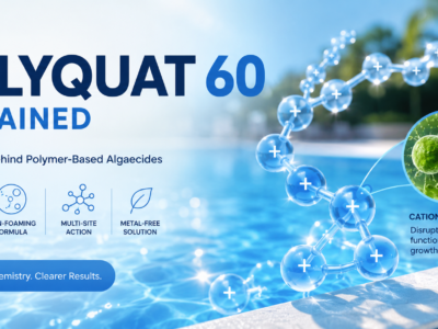 Polyquat 60 polymer-based algaecide science showing a cationic polymer interacting with algae cells in a swimming pool, highlighting non-foaming, metal-free, multi-site algae control.