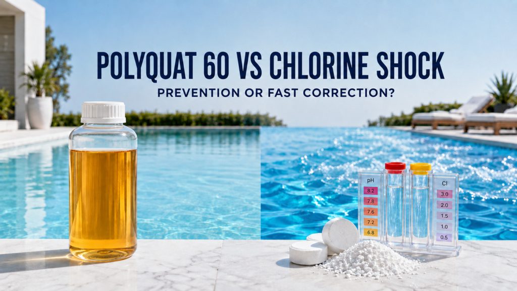 Polyquat 60 vs chlorine shock treatment, showing a bottle of clear polymeric algaecide beside chlorine shock granules and a pool test kit at a clean blue swimming pool.