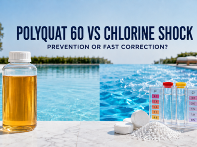Polyquat 60 vs chlorine shock treatment, showing a bottle of clear polymeric algaecide beside chlorine shock granules and a pool test kit at a clean blue swimming pool.