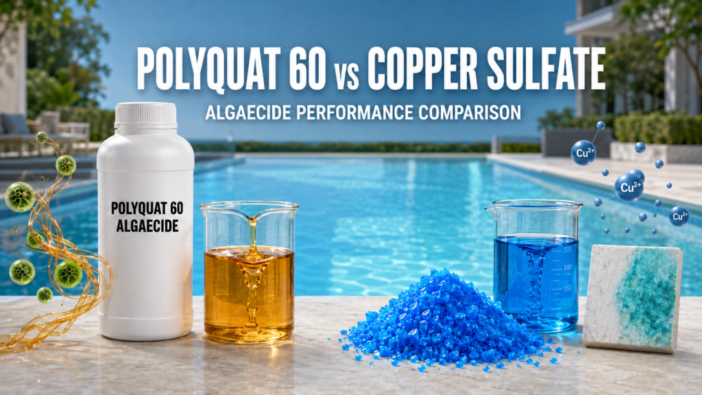 Polyquat 60 vs copper sulfate algaecide performance comparison, showing amber Polyquat 60 beside a clear swimming pool and blue copper sulfate with blue-green staining on light-colored pool tiles