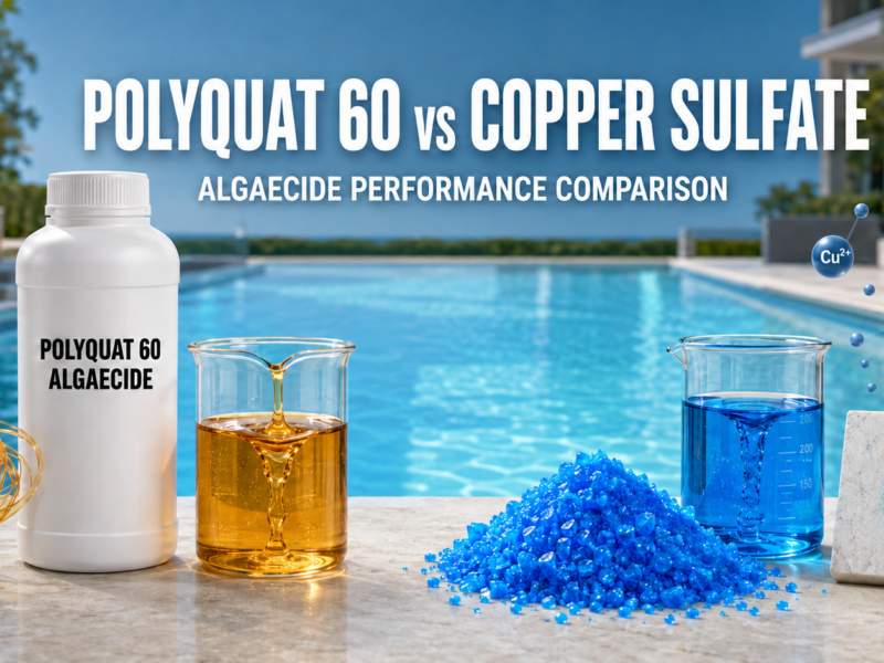 Polyquat 60 vs copper sulfate algaecide performance comparison, showing amber Polyquat 60 beside a clear swimming pool and blue copper sulfate with blue-green staining on light-colored pool tiles