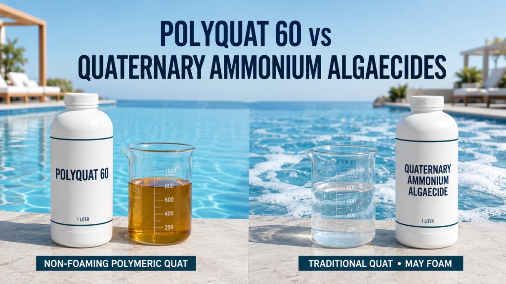 Polyquat 60 vs quaternary ammonium algaecides, comparing amber non-foaming polymeric quat with traditional quat algaecide that may cause foam in swimming pools.