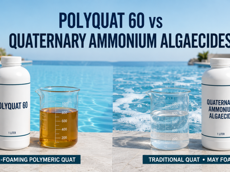 Polyquat 60 vs quaternary ammonium algaecides, comparing amber non-foaming polymeric quat with traditional quat algaecide that may cause foam in swimming pools.