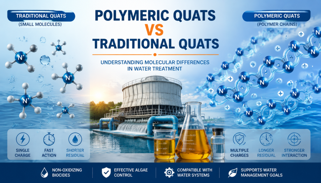 omparison of polymeric quats and traditional quaternary ammonium compounds used in water treatment, showing molecular structure differences, cooling tower applications, and long-lasting biocide performance.