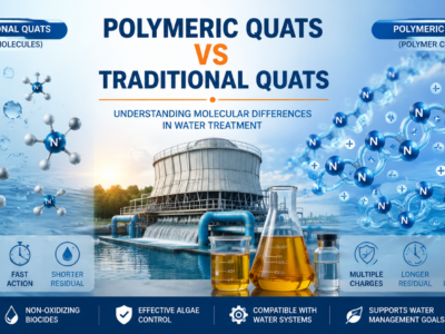 omparison of polymeric quats and traditional quaternary ammonium compounds used in water treatment, showing molecular structure differences, cooling tower applications, and long-lasting biocide performance.