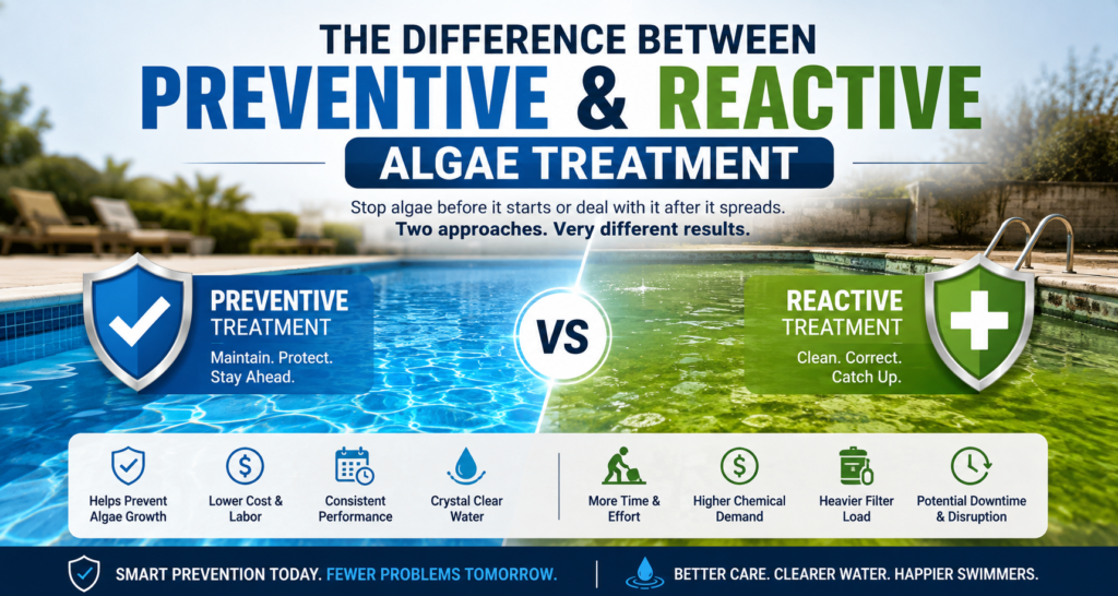 Preventive vs reactive algae treatment infographic comparing a clear blue swimming pool with a green algae-affected pool, highlighting prevention benefits and reactive treatment costs.