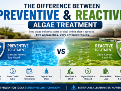 Preventive vs reactive algae treatment infographic comparing a clear blue swimming pool with a green algae-affected pool, highlighting prevention benefits and reactive treatment costs.