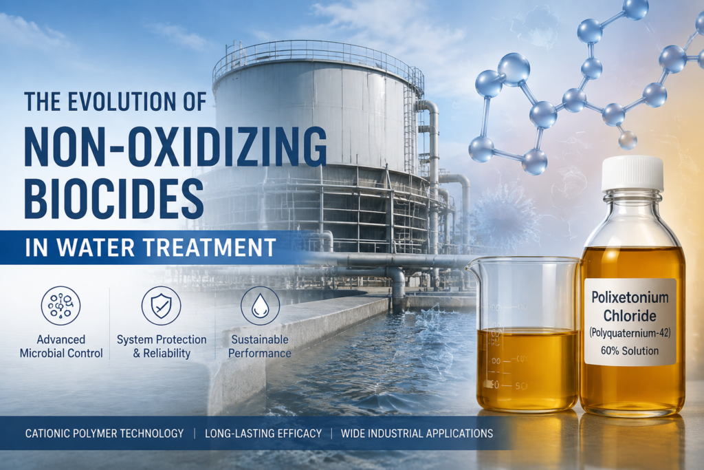 Industrial cooling water treatment system with Polixetonium Chloride (Polyquaternium-42) 60% solution, showing the role of non-oxidizing biocides and cationic polymer technology in modern microbial control.