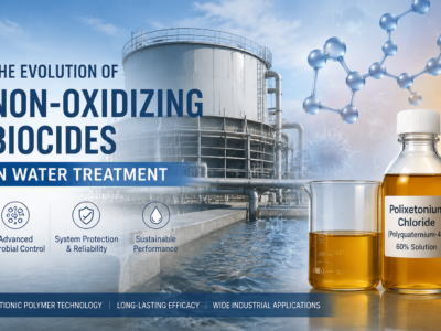 Industrial cooling water treatment system with Polixetonium Chloride (Polyquaternium-42) 60% solution, showing the role of non-oxidizing biocides and cationic polymer technology in modern microbial control.