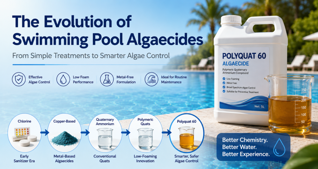 The evolution of swimming pool algaecides from chlorine and copper-based treatments to quaternary ammonium compounds and Polyquat 60, featuring an amber, transparent, viscous Polyquat 60 liquid beside a clear swimming pool.