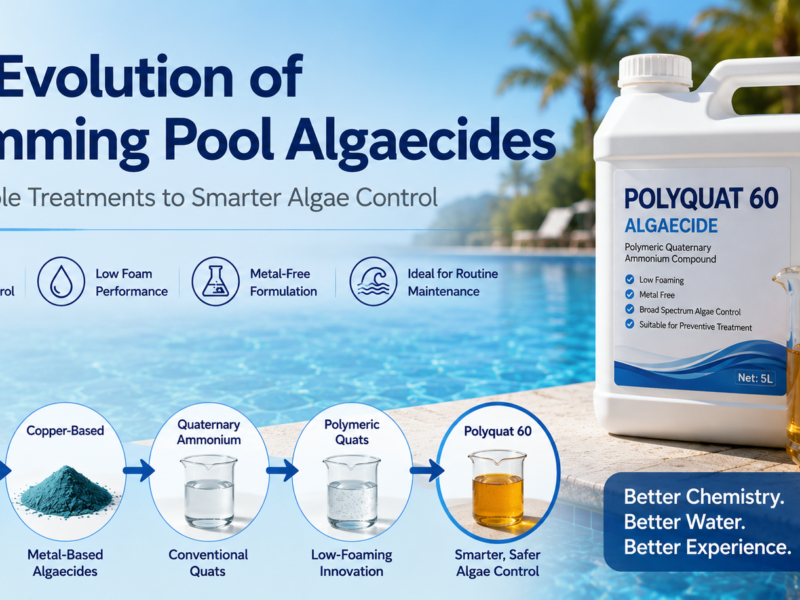 The evolution of swimming pool algaecides from chlorine and copper-based treatments to quaternary ammonium compounds and Polyquat 60, featuring an amber, transparent, viscous Polyquat 60 liquid beside a clear swimming pool.