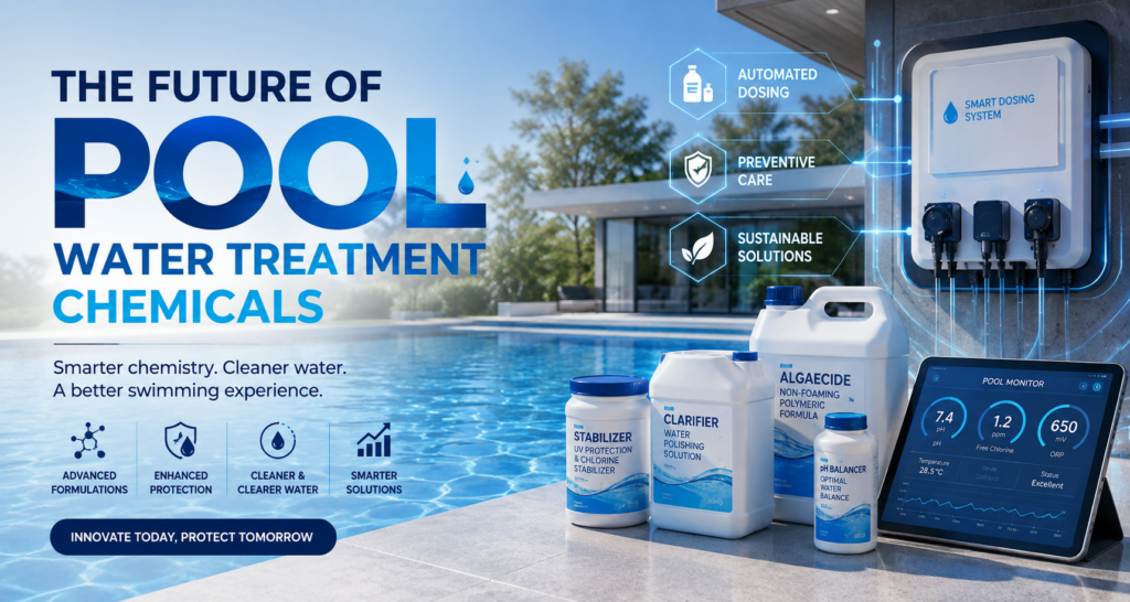 Futuristic pool water treatment featuring smart automated dosing, real-time water monitoring, and specialty pool chemicals for algae control, clarification, stabilization, and balanced water.