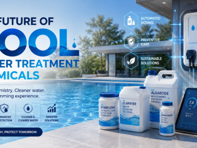 Futuristic pool water treatment featuring smart automated dosing, real-time water monitoring, and specialty pool chemicals for algae control, clarification, stabilization, and balanced water.