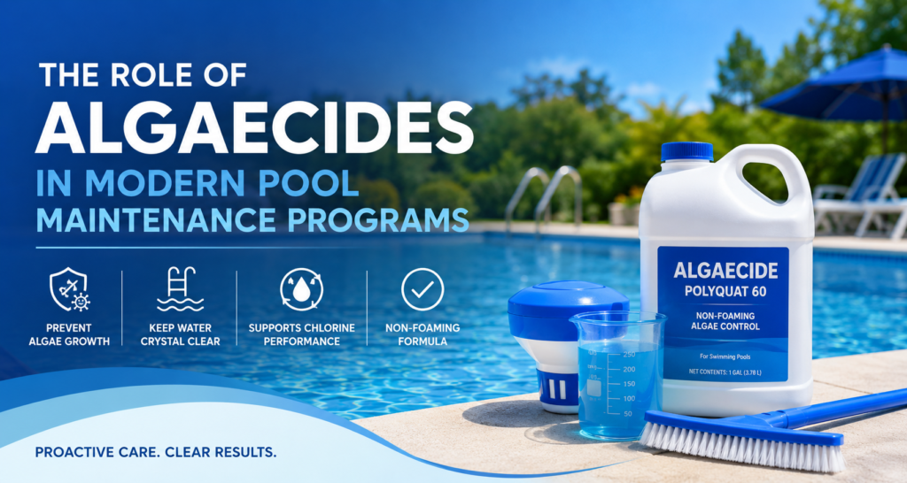 Modern swimming pool maintenance program featuring Polyquat 60 algaecide, clear blue pool water, and pool care equipment for non-foaming algae prevention and chlorine support.