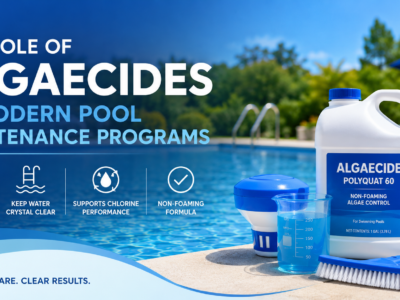Modern swimming pool maintenance program featuring Polyquat 60 algaecide, clear blue pool water, and pool care equipment for non-foaming algae prevention and chlorine support.