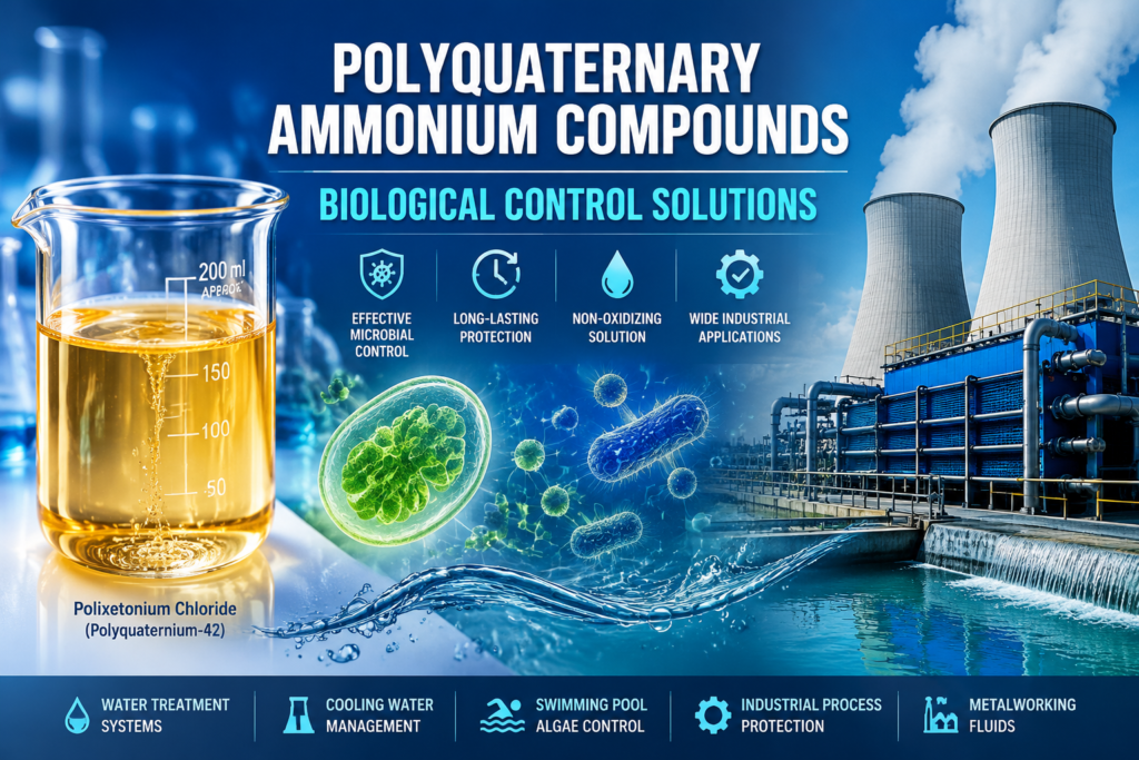 Polyquaternary ammonium compounds for biological control featuring Polixetonium Chloride (Polyquaternium-42) amber liquid solution, microbial control concept, and industrial water treatment applications including cooling water management, swimming pool algae control, and metalworking fluid protection