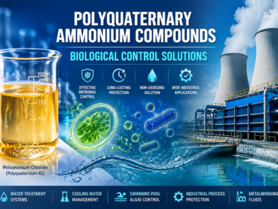 Polyquaternary ammonium compounds for biological control featuring Polixetonium Chloride (Polyquaternium-42) amber liquid solution, microbial control concept, and industrial water treatment applications including cooling water management, swimming pool algae control, and metalworking fluid protection