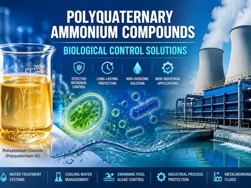 Polyquaternary ammonium compounds for biological control featuring Polixetonium Chloride (Polyquaternium-42) amber liquid solution, microbial control concept, and industrial water treatment applications including cooling water management, swimming pool algae control, and metalworking fluid protection