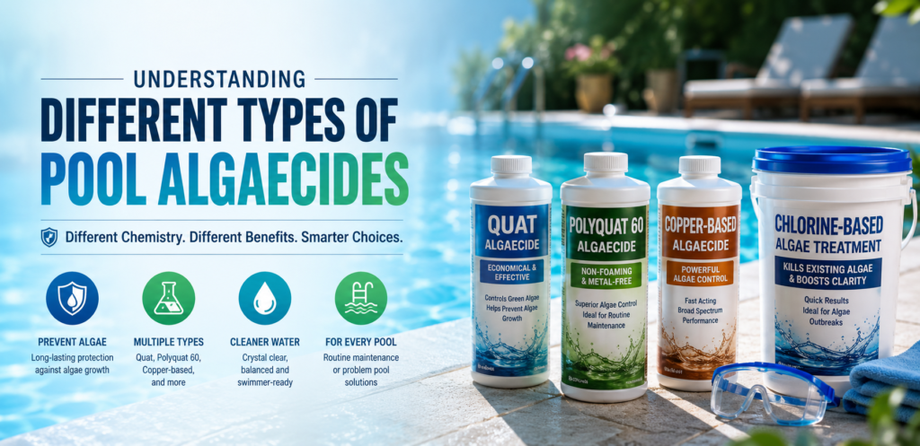 Understanding different types of pool algaecides, including quat, Polyquat 60, copper-based, and chlorine-based algae treatments for swimming pool maintenance.