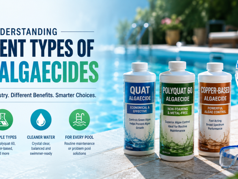 Understanding different types of pool algaecides, including quat, Polyquat 60, copper-based, and chlorine-based algae treatments for swimming pool maintenance.