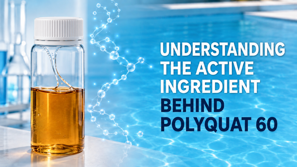 Polyquat 60 active ingredient hero banner featuring a capped transparent bottle filled with amber, clear, viscous liquid beside a blue swimming pool and an abstract cationic polymer chain.