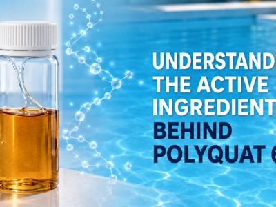 Polyquat 60 active ingredient hero banner featuring a capped transparent bottle filled with amber, clear, viscous liquid beside a blue swimming pool and an abstract cationic polymer chain.