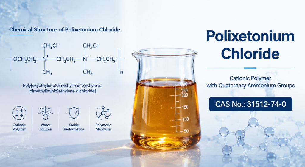 Polixetonium Chloride chemical structure with amber polymer solution in laboratory beaker, Polyquaternium-42 CAS No. 31512-74-0