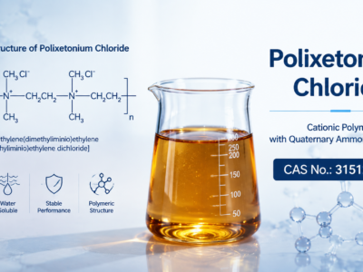 Polixetonium Chloride chemical structure with amber polymer solution in laboratory beaker, Polyquaternium-42 CAS No. 31512-74-0