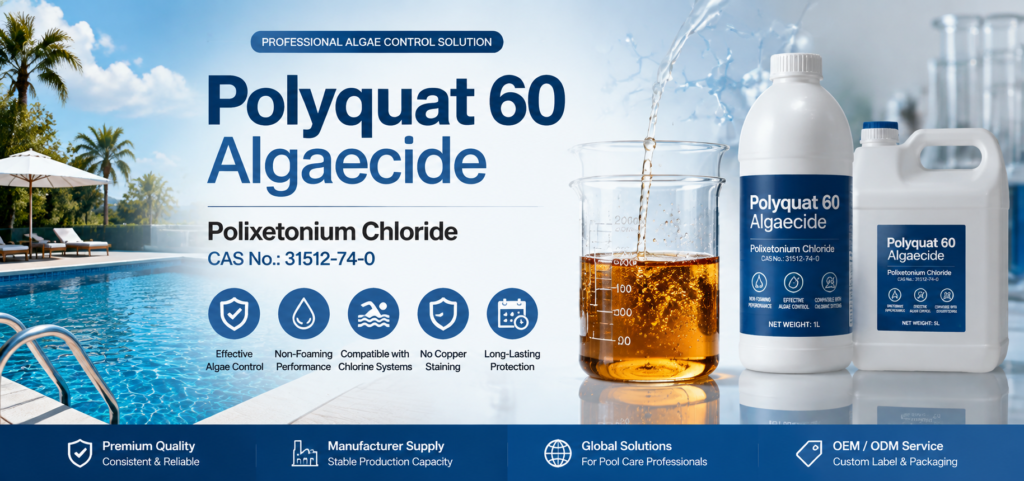 Polyquat 60 Algaecide based on Polixetonium Chloride CAS No. 31512-74-0, featuring amber transparent polymer solution, pool chemical packaging, and professional algae control solution for swimming pool maintenance and OEM private label applications.